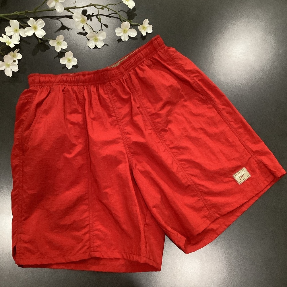 Speedo Paneled Red & Tan Logo Swim Trunks Paneled NWOT Yoked Back